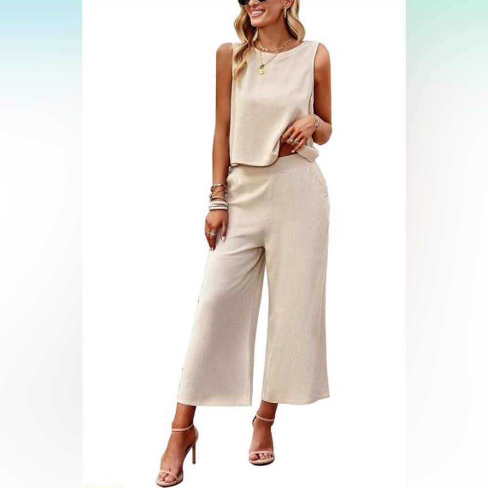 Casual Sleeveless Cotton Linen Tank Crop Top Cropped Wide Leg Pants Set